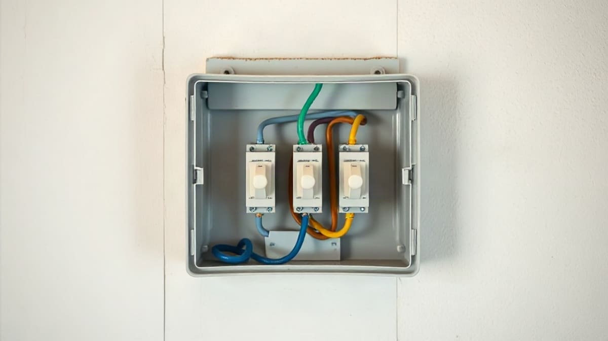 Boîte de dérivation électrique ouverte avec bornes de connexion sur un mur en placo